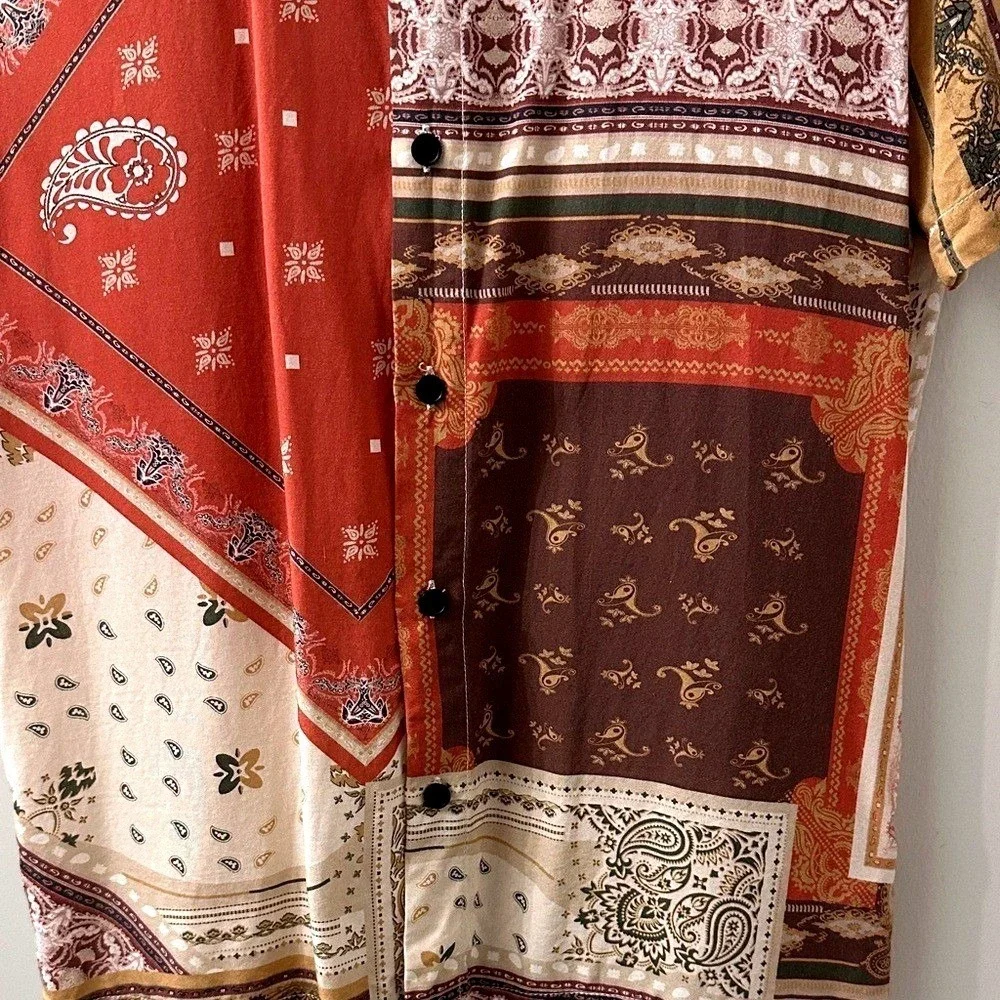 Topman Button‎ Down Shirt Men XS Red Multi Bandana/Paisley Patchwork